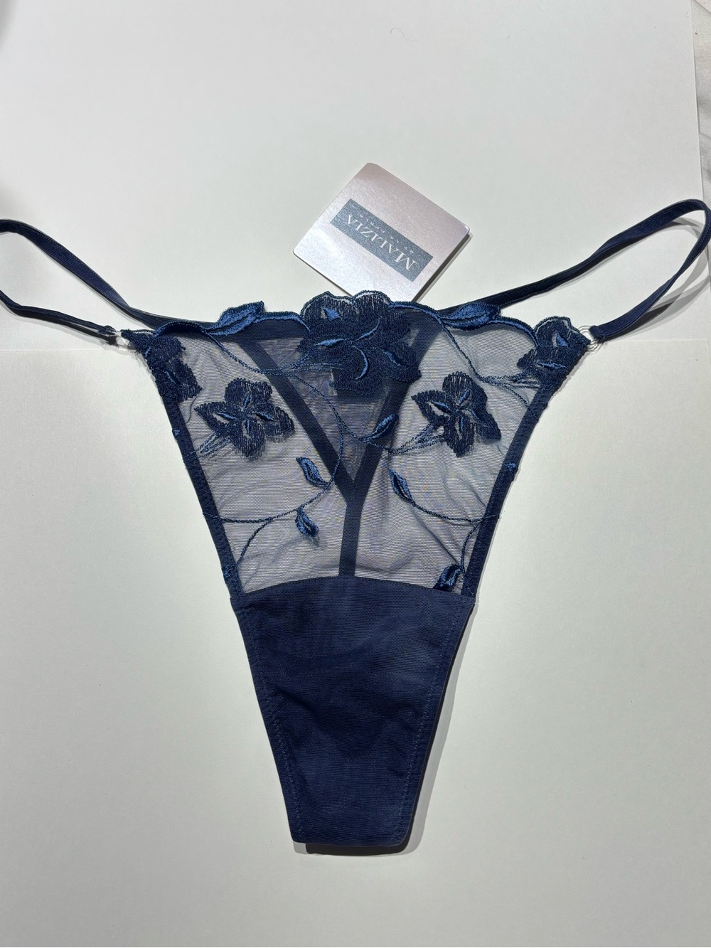 Vintage La Perla Malizia Navy Blue Floral Embroidered Sheer Thong